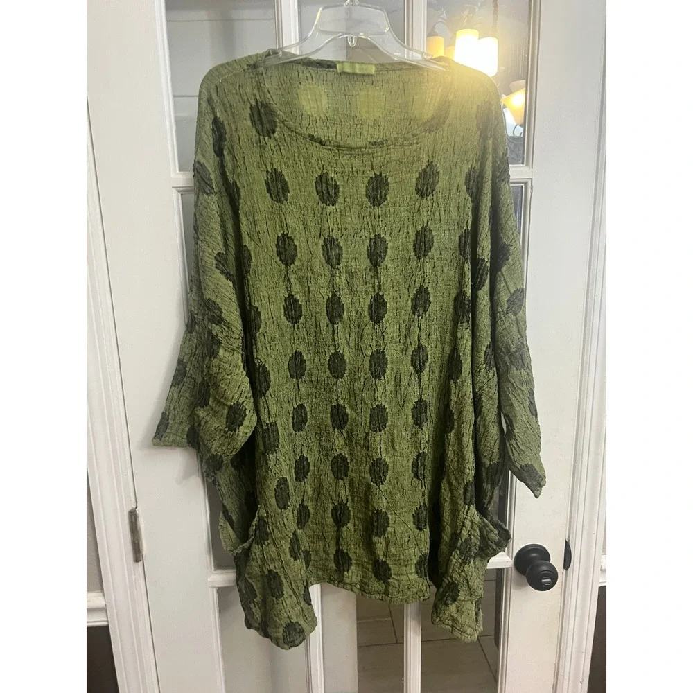 Cut Loose Linen Blend Polka Dot Tunic Top Green Lagenlook OS Hippie.     X - Picture 2 of 7